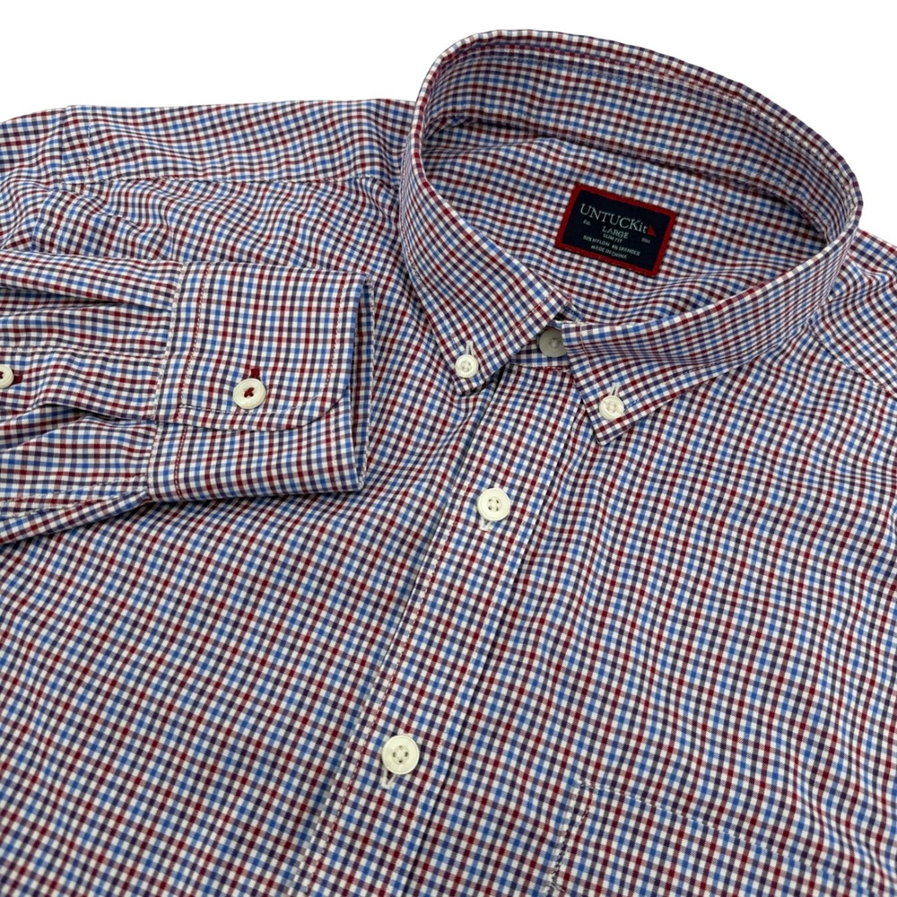 UNTUCKit Button Down Shirt Mens Large Red Blue Gingham Slim Fit Performance Long